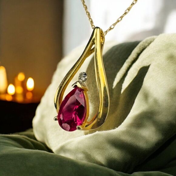 VINTAGE- 10k Gold-Ruby Diamond Necklace-18"-Pear Cut-Romantic Ruby Necklace-1.6g - Picture 7 of 16